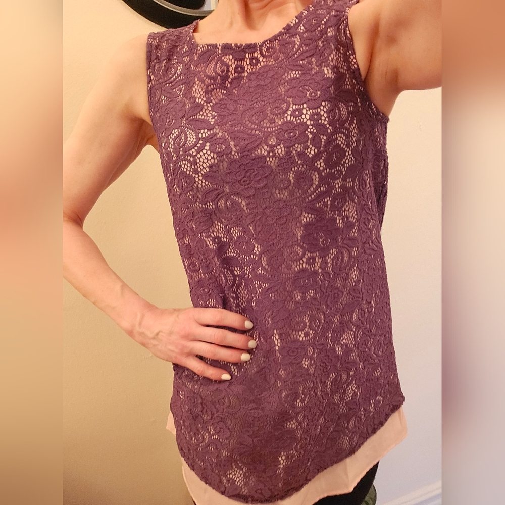 Plum lace over pink satin Avon Signature tank top Size S